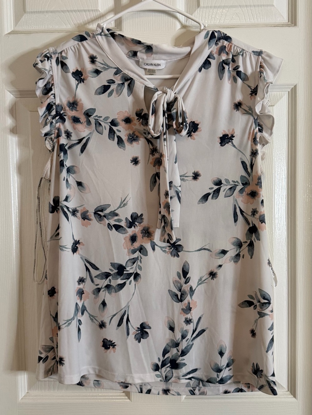 Calvin Klein White Floral Tie-Neck Blouse with Navy & Blush Accents